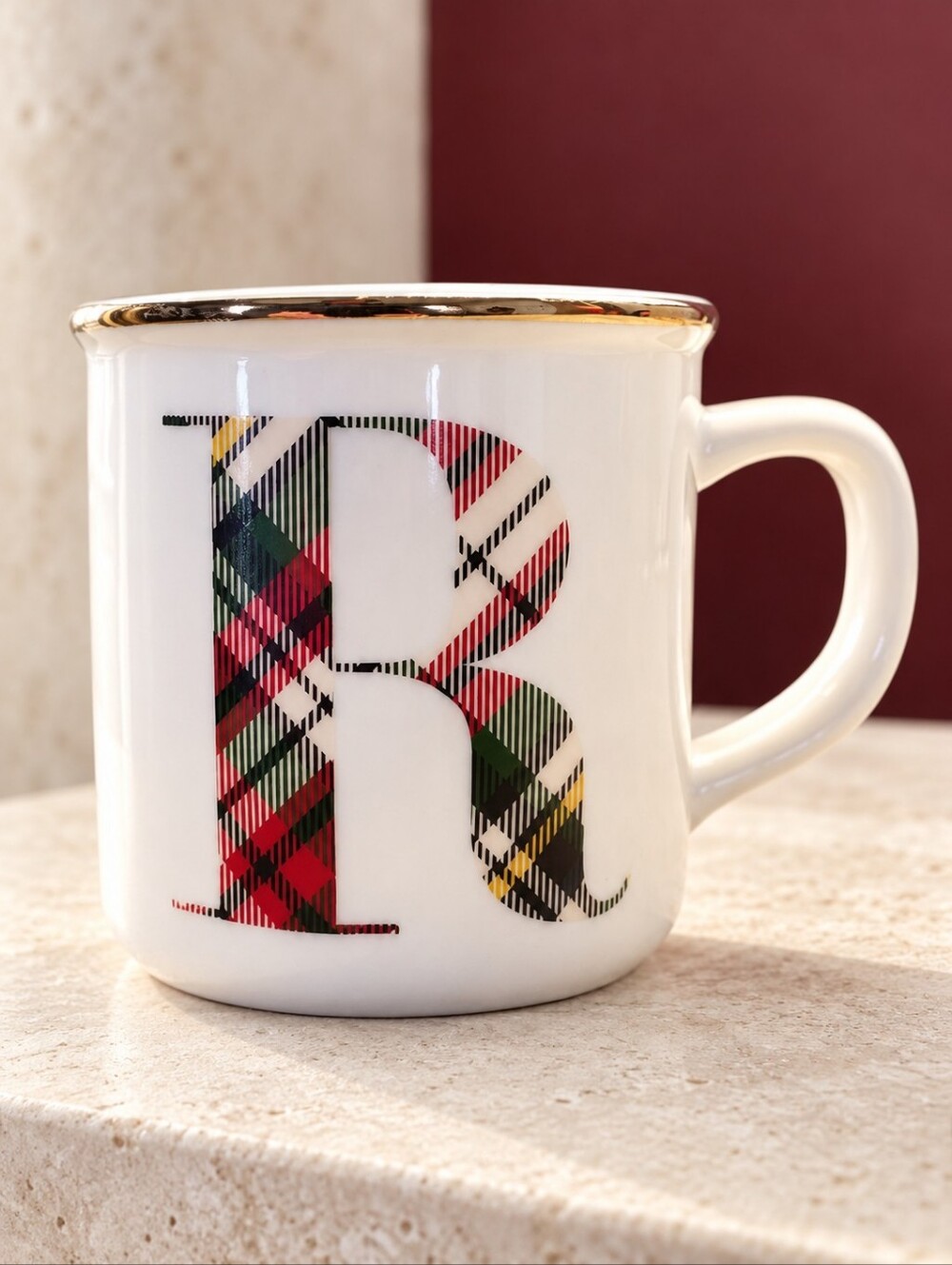 Pottery Barn Plaid Alphabet Monogram R Mug Gold Rim Discontinued